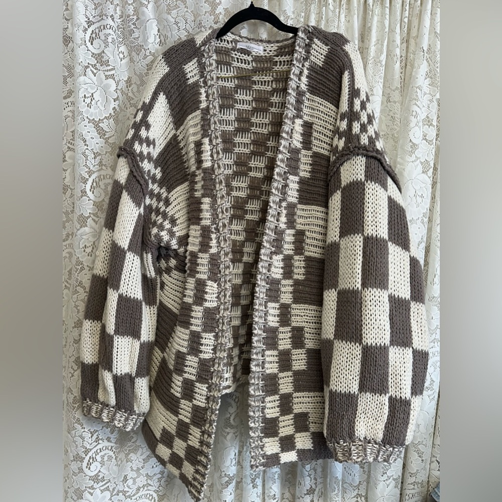 Boutique Checkered Open Front Long Sleeve Cardigan